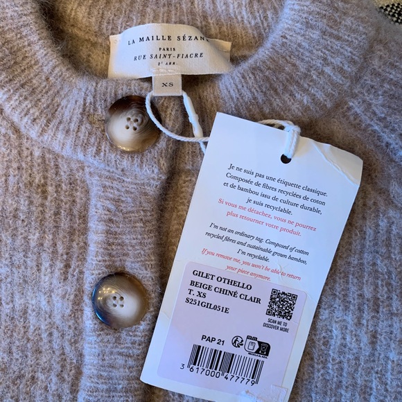 NWT Sezane Othello Sweater Cardigan Gilet $160 Light Beige XS X-Small - Picture 5 of 6